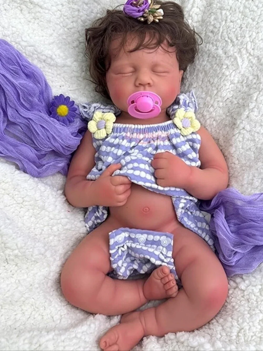 Full Silicone Baby Doll Purple Floral Accent Baby Pacifier and Outfit Set